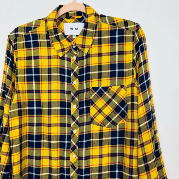Pistola Revolve Yellow Plaid Button Down Flannel Long Sleeve Top Medium - Picture 4 of 9
